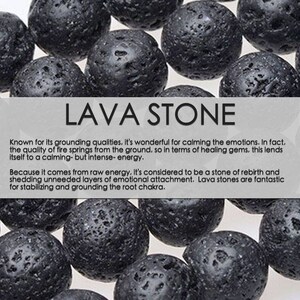 May include: Close-up of a pile of black lava stones. The stones are smooth and round, and they have a rough, textured surface. The text "LAVA STONE" is written in white letters on a gray background.