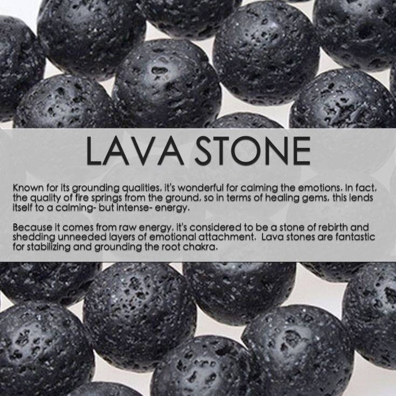 May include: Close-up of a pile of black lava stones. The stones are smooth and round, and they have a rough, textured surface. The text "LAVA STONE" is written in white letters on a gray background.