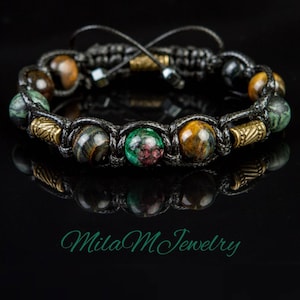 Spiritual Fortune Man Bracelet boho anyolite( ruby in zoisite, blue tiger eye, rhyolite, bronze metal beads. Luxury men's jewelry