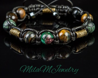Spiritual Fortune Man Bracelet boho anyolite( ruby in zoisite, blue tiger eye, rhyolite, bronze metal beads. Luxury men&#39;s jewelry
