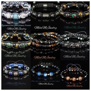 May include: Nine different bracelets with various gemstones and beads. The bracelets are made with leather cord and metal accents. The gemstones include aquamarine, tiger eye, variscite, hematite, and lapis lazuli. The bracelets are all handmade and feature the text "Mila M Jewelry".