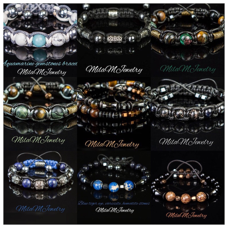 May include: Nine different bracelets with various gemstones and beads. The bracelets are made with leather cord and metal accents. The gemstones include aquamarine, tiger eye, variscite, hematite, and lapis lazuli. The bracelets are all handmade and feature the text "Mila M Jewelry".