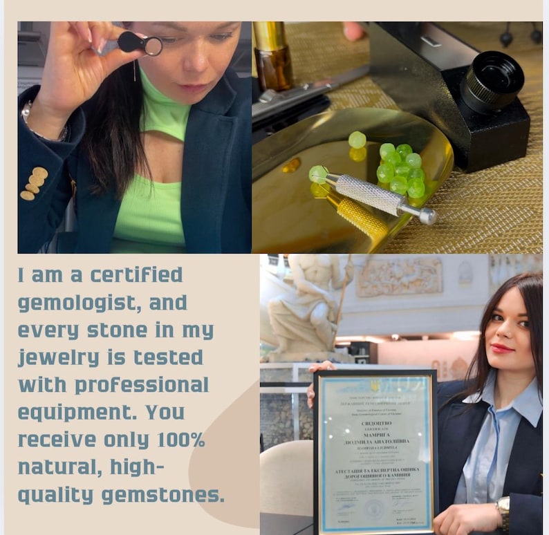 May include: A woman holds a certificate of gemology, a document that certifies her as a gemologist. The certificate is framed and has a gold seal. The woman is wearing a black blazer and a white shirt. She is standing in front of a marble statue.