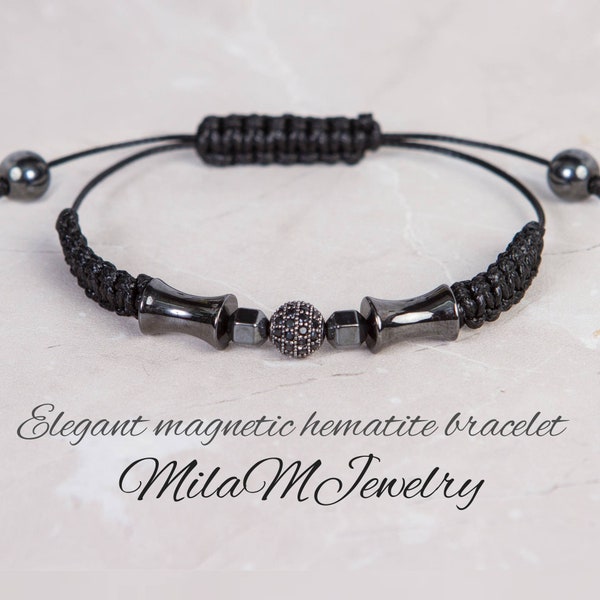 Mens black crystal bracelet magnetic Gun metal Natural stone Hematite / Black diamond pave beaded wristband. Men's bracelet beads