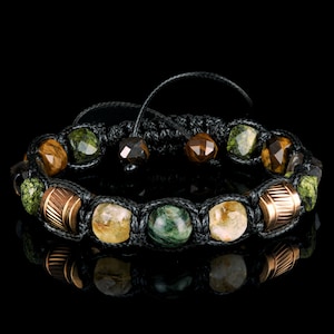 Mens Bracelet Wealth Protective Gemstone Cube Citine, Gold, Natural Serpentine Stone , Emerald Fuchsite • Prosperity Manifest