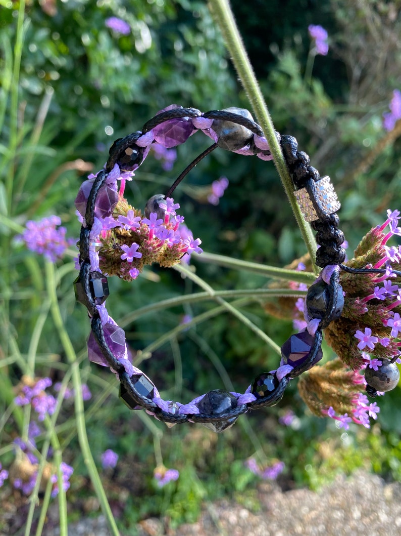 Amethyst Black tourmaline Norwegian labradorite bracelet for men exclusive bracelet made of beads, faceted stones with stainless steel image 6