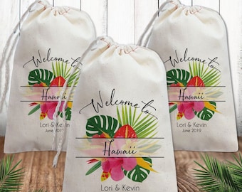 Beach Wedding Favor Bags Custom      Personalized Tropical Floral Wedding Welcome Bags for Hawaii, Mexico, Jamaica, Puerto Rico, Bahamas