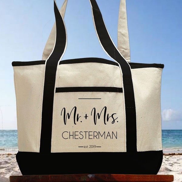 Custom Honeymoon Beach Tote Bag    Newlywed Gift     Just Married Mr and Mrs Beach Bag     Personalized Tote Bag