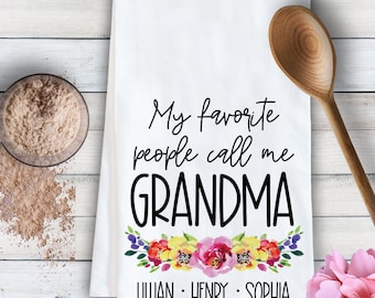 Mother's Day Gift for Grandma from Grandkids (with Names), Personalized Tea Towel for Grandmother, Custom Floral Kitchen Dish Cloth for Nana