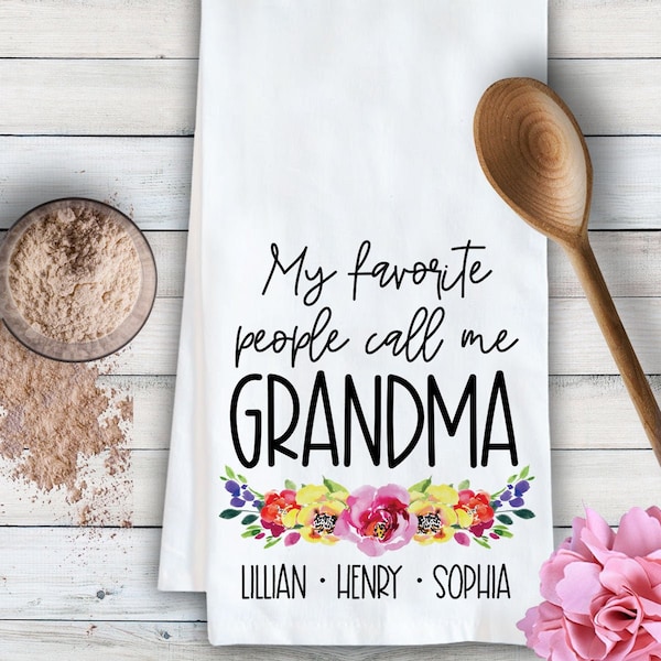 Mother's Day Gift for Grandma from Grandkids (with Names), Personalized Tea Towel for Grandmother, Custom Floral Kitchen Dish Cloth for Nana