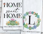 Personalized Tea Towel -Set of 2, Monogram Floral Cactus Wreath, Custom Kitchen Dish Cloth, Botanical Plant Succulent Gift, Boho Home Decor