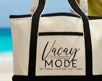 Custom Vacation Tote Bag - Vacay Mode Canvas Beach Tote -  Personalized Beach Bag for Girls Trip - Cruise Gifts for Women - Large or Small