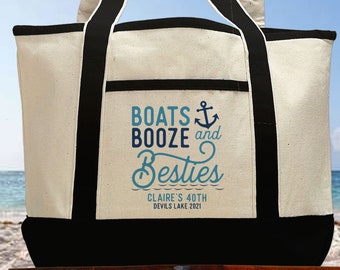 Boat Gifts for Women, Custom Beach Tote for Nautical Bachelorette, Boats Booze Besties, Group Cruise Gifts, Girls Sailing Trip Weekend Tote