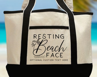 Resting Beach Face Custom Beach Bags for Girls Trip, Personalized Large Canvas Pool Tote Bag - Womens Beach Birthday Getaway Gift for Travel