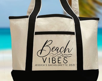 Beach Vibes Large Canvas Beach Bag, Personalized Bridesmaid Gifts, Custom Beach Tote Bag, XL Carryall Tote for Bachelorette Weekend Getaway