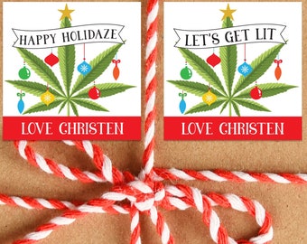 Marijuana Christmas Gift Stickers - Funny Stoner Gift Labels -Cannabis Leaf Gift Wrap Tags - Personalized Happy Holidaze Decals - Pot Leaf