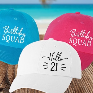 Custom Birthday Hats - Womens Baseball Caps for Beach Girls Trip - Birthday Squad Party Favors for 21st, 25th, 30th, 35th - Neon Accessories