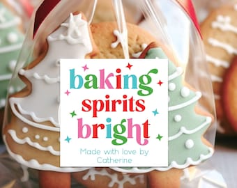 Baking Spirits Bright Stickers, Custom Christmas Cookie Labels, Personalized Decals for Holiday Baked Goods, Colorful Xmas Treat Stickers