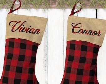 Family Stocking Set with Names - Buffalo Check Plaid Stockings - Rustic Home Decor, Country Christmas Decorations, Custom Matching Stockings