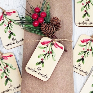 Personalized Christmas Napkin Rings - Elegant Holiday Table Decor - Custom Wood Tag & Twine Napkin Holders - Set of Christmas Place Settings