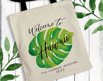 Destination Wedding Welcome Tote Bags for Tropical, Hawaii or Beach Wedding - Monstera Leaf Personalized Canvas Hotel Gift Bags for Guests
