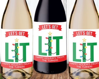 Customized Christmas Wine Labels - Lets Get Lit Holiday Wine Bottle Stickers - Personalized Christmas Party Decor + Supplies - Hostess Gifts