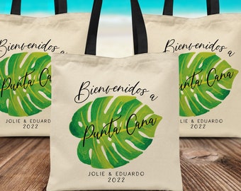 Mexico Wedding Welcome Bags with Tropical Leaf - Custom Canvas Tote Bags - Bulk Mexican Wedding Favors for Destination Wedding