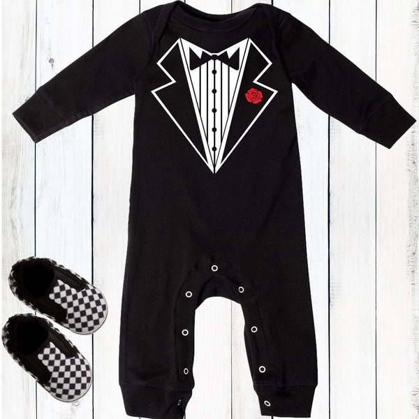 Ring Bearer Outfit, Baby Boy Tuxedo Romper, Baby Tuxedo Bodysuit Shirt