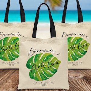 Mexico Wedding Welcome Bags with Tropical Leaf - Custom Canvas Tote Bags - Bulk Mexican Wedding Favors for Destination Wedding