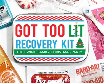 Christmas Party Favors for Adults, Custom Hangover Recovery Kit Tins, Set of Personalized Holiday Favors