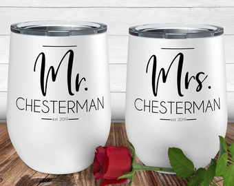 Personalized Mr and Mrs Wine Tumblers , Custom Wedding Gift, His and Hers Wine Glasses