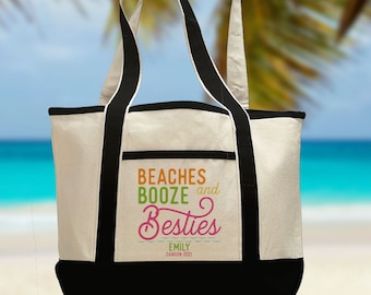 Personalized Beach Tote Bag for Bachelorette, Womens Birthday, Girls Trip Vacation - Custom Large Canvas Tote with Beaches Booze Besties