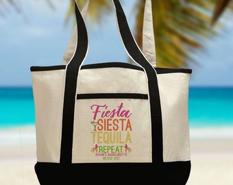 Custom Mexico Beach Tote Bag, Fiesta Siesta Large Canvas Beach Bags - Bulk Birthday/Bachelorette/Girls Trip/Beach Vacation Gifts or Favors