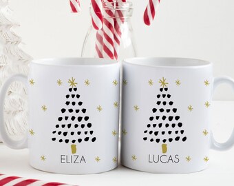 Personalized Christmas Mugs - Holiday Family Mug Set of 2, 3, 4, 5, 6 - Minimalist Christmas Decor - Modern Black & White Tree Coffee Cups