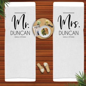 Newlywed Beach Towel    Engagement or Honeymoon Gift for Couple    Mr and Mrs Towel