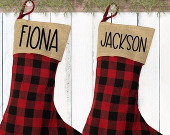 Custom Plaid Stockings - Rustic Christmas Decorations - Personalized Family Stockings - Minimalist Holiday Decor - Red + Black Buffalo Check