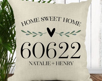 Personalized Throw Pillow Cover - Home Sweet Home     Custom Home Decor with Zip Code & Names