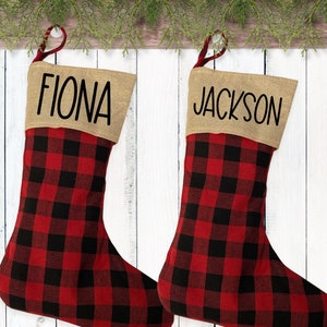 Custom Plaid Stockings - Rustic Christmas Decorations - Personalized Family Stockings - Minimalist Holiday Decor - Red + Black Buffalo Check
