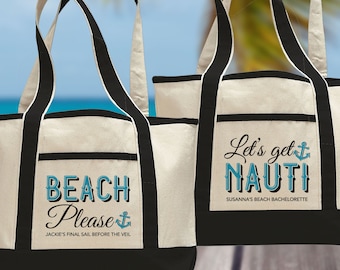 Personalized Beach Bag - Nautical Tote Bag for Boat Birthday, Nauti Bachelorette - Girls Trip Cruise Gifts - Large Custom Canvas Beach Tote