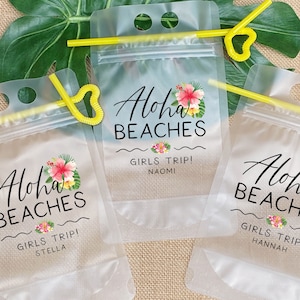 Aloha Beaches Drink Pouches - Bulk Adult Party Favors - Custom Beach Booze Bags for Wine - Tropical Party Supplies - Spring Break Drink Bags