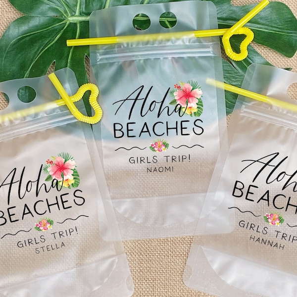 Aloha Beaches Drink Pouches - Bulk Adult Party Favors - Custom Beach Booze Bags for Wine - Tropical Party Supplies - Spring Break Drink Bags
