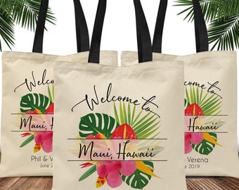 Beach Wedding Welcome Tote Bags Custom    Personalized Hawaii Wedding Hotel Welcome Totes   Destination Wedding Tropical Welcome Bags