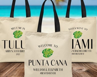 Monstera Welcome Bags, Tropical Palm Leaf Wedding Guest Hotel Welcome Totes, Birthday Trip, Custom Gift Bags