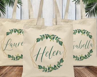 Bridesmaid Gift Tote Bag with Name, Leaf Wreath Custom Bag for Bridal Party