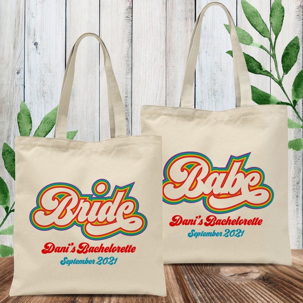 Retro Bachelorette Tote Bags for Same Sex or Lesbian Pride Party - Bride & Babe Personalized Canvas Totes - Rainbow Bags for 70s Bach -