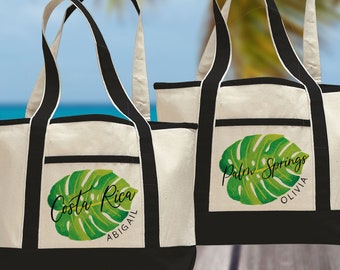 Monstera Leaf Beach Bag - Personalized Tropical Beach Tote Bag - Large Canvas Beach Bag for Costa Rica / Hawaii / Jamaica Wedding Party Gift