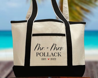 Honeymoon Bag, Custom Honeymoon Gift, Honeymoon Beach Tote Bag, Personalized Just Married Beach Wedding Gift, Mr. and Mrs Tote, Wedding Gift