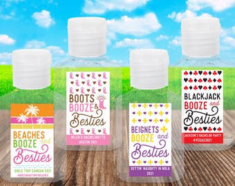 Bachelorette Hand Sanitizer Labels + Travel Size Bottles, Custom Favor Labels - Booze and Besties, Womens Birthday + Girls Trip Favors