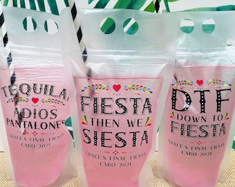 Mexico Bachelorette Drink Pouches - Final Fiesta Party Supplies - Mexican Girls Trip Party Favors - Custom Cups with Names & Funny Sayings