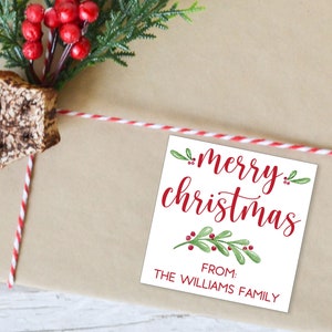 Personalized Merry Christmas Gift Stickers, Custom Gift Wrap Labels, Watercolor Holly Christmas Sticker Set for Holiday Party Favor Labels